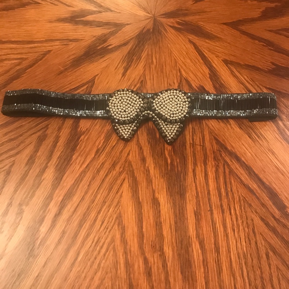 Anthropologie Black/Silver Beaded Elastic Bow Belt